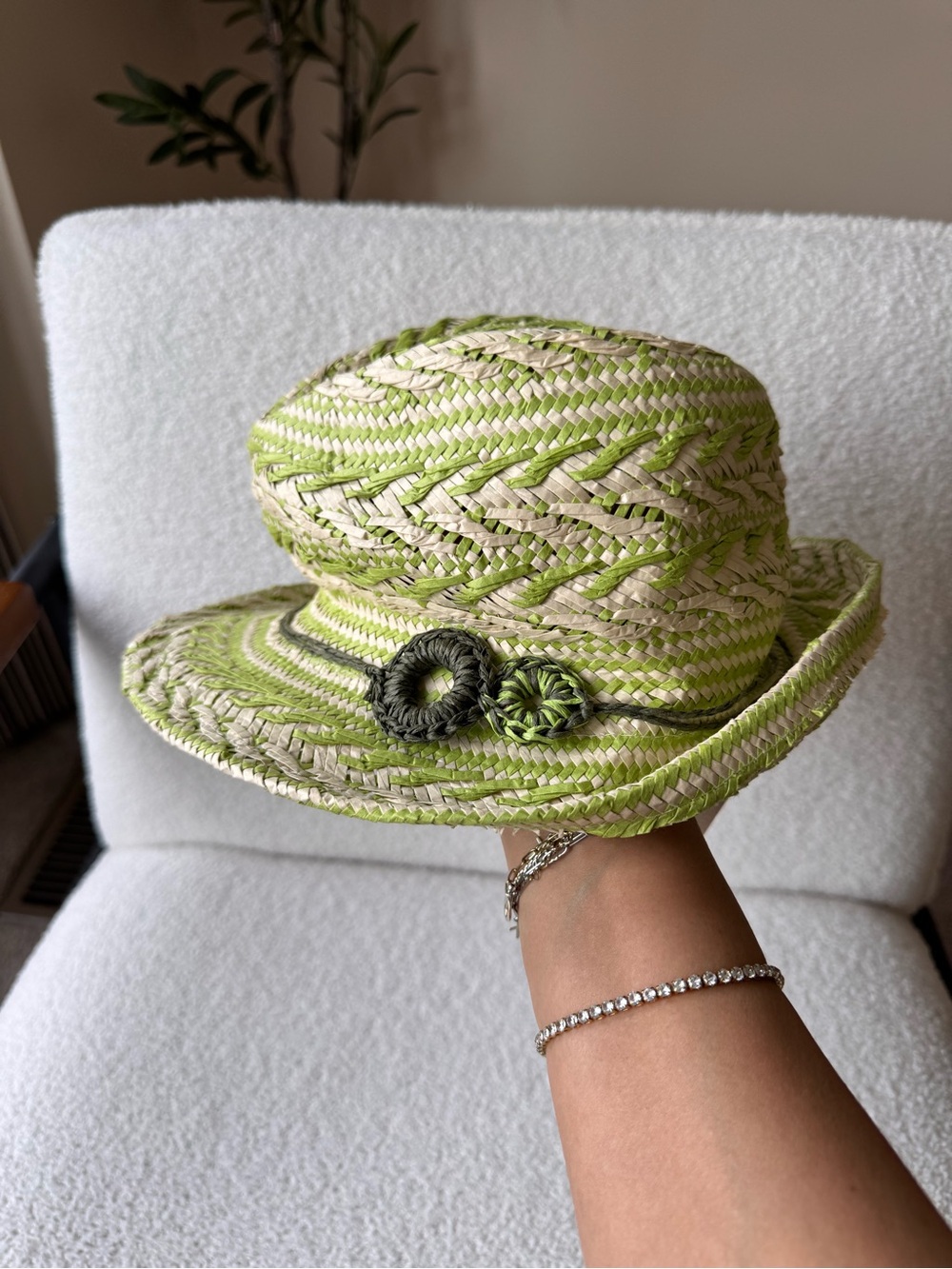 Michael Stars Green and Natural Braided Straw Sun Hat with Accent Circles